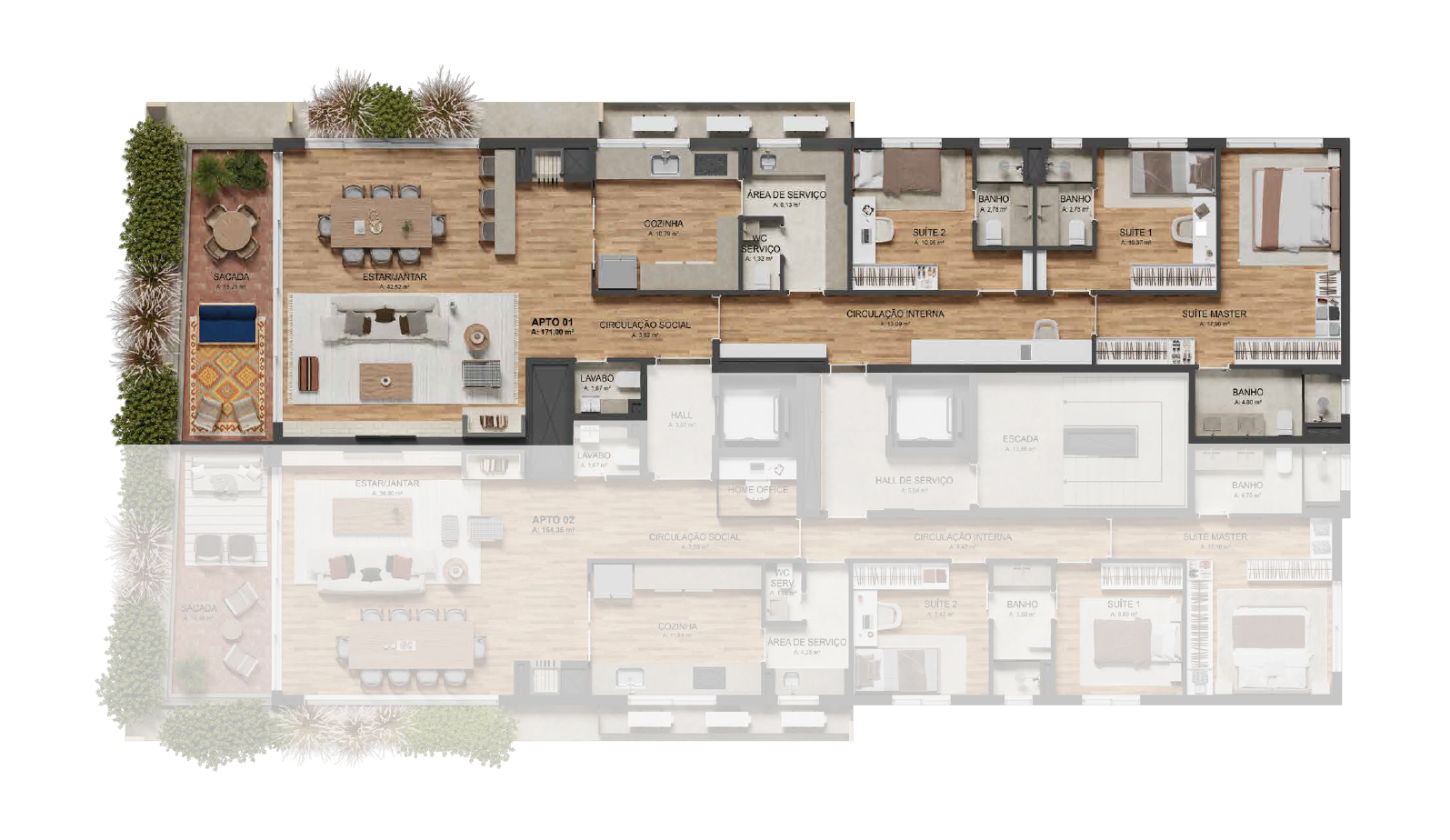 Tipo 01 - Sacada Frontal
3 Suítes com 171 m²