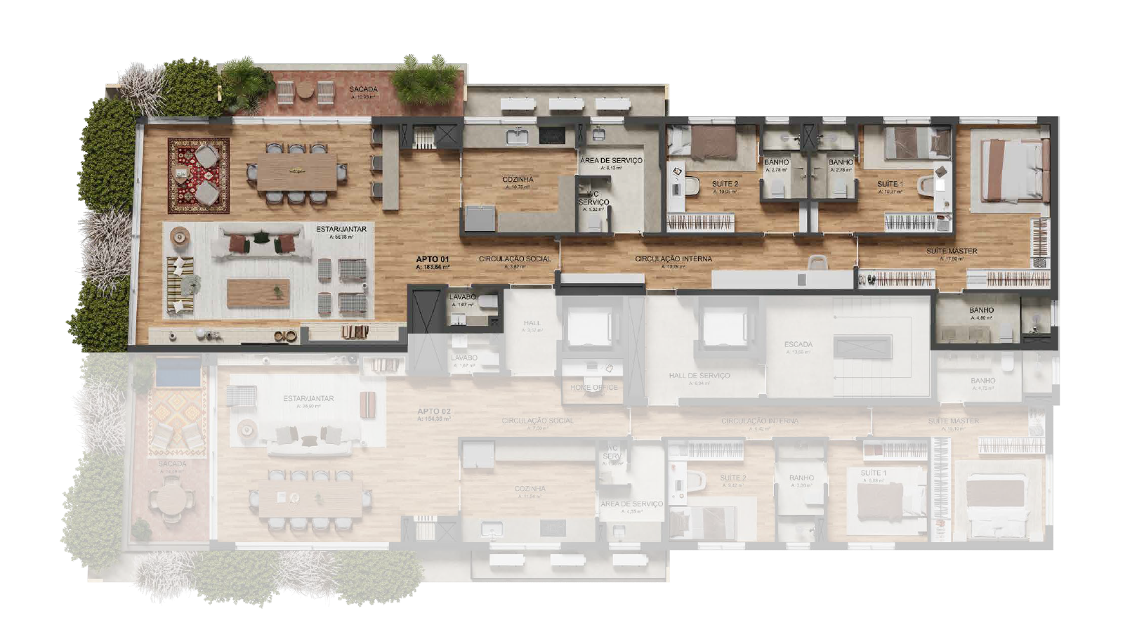 Tipo 01 - Sacada Lateral3 Suítes com 184 m²