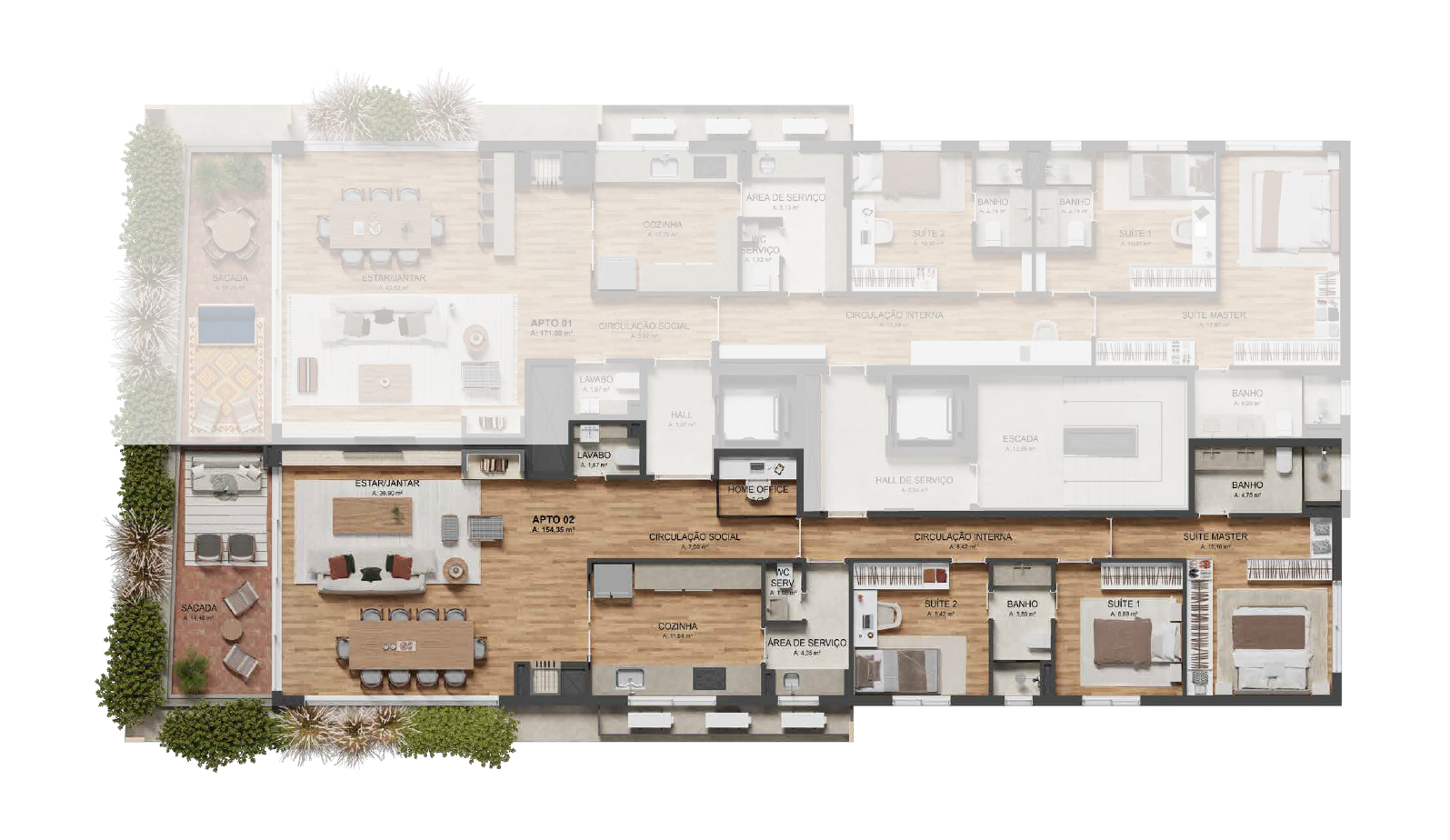 Tipo 02 - Sacada Frontal3 Suítes com 154 m²