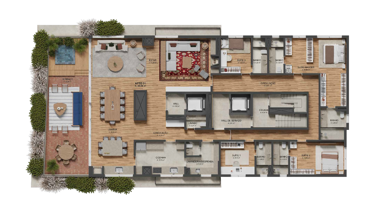 Cobertura - Sacada Frontal
3 Suítes com 326 m²