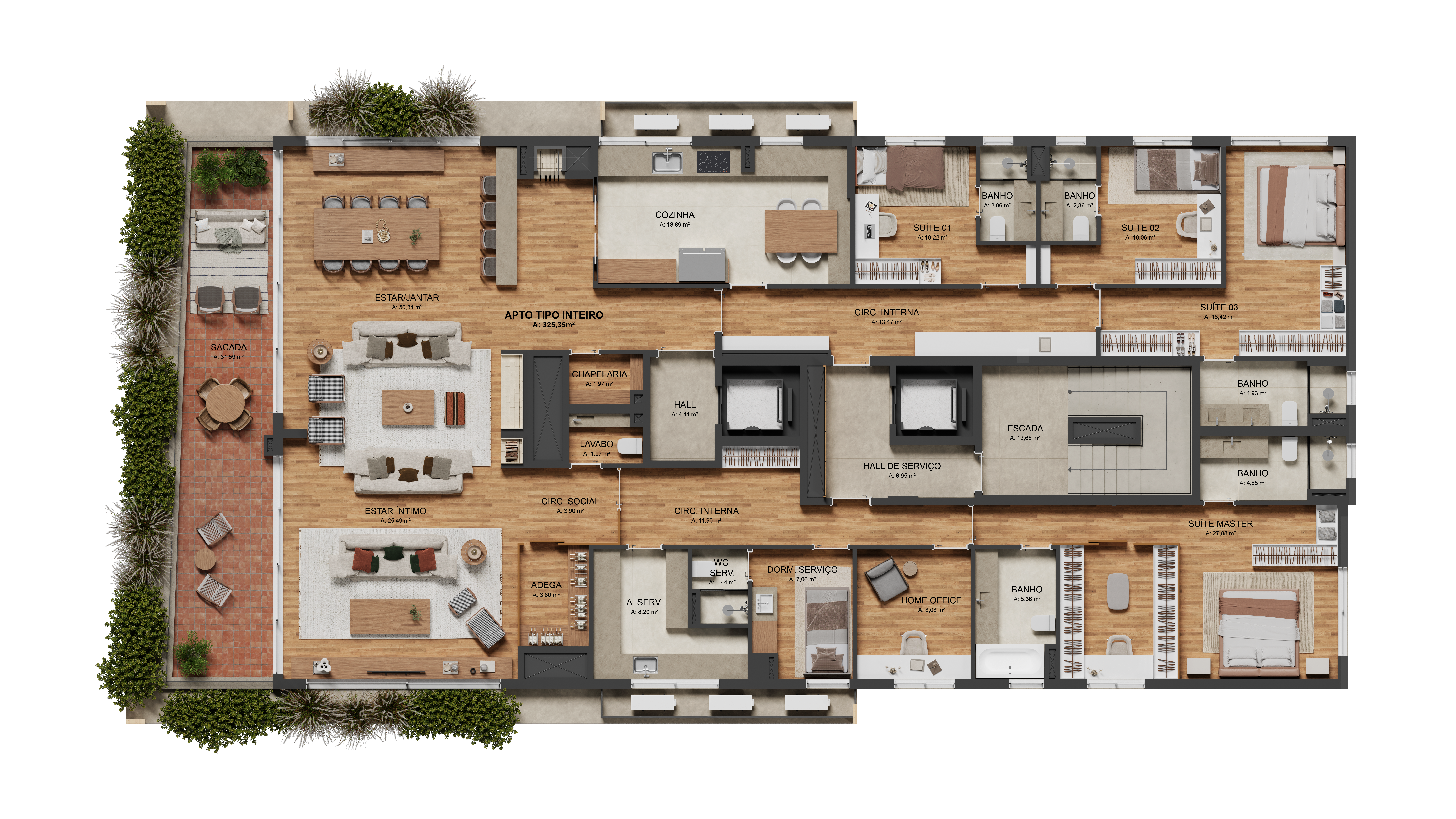 TIPO 3 - PLANTA UNIFICADA
SACADA FRONTAL4 SUÍTES COM 326 M²
